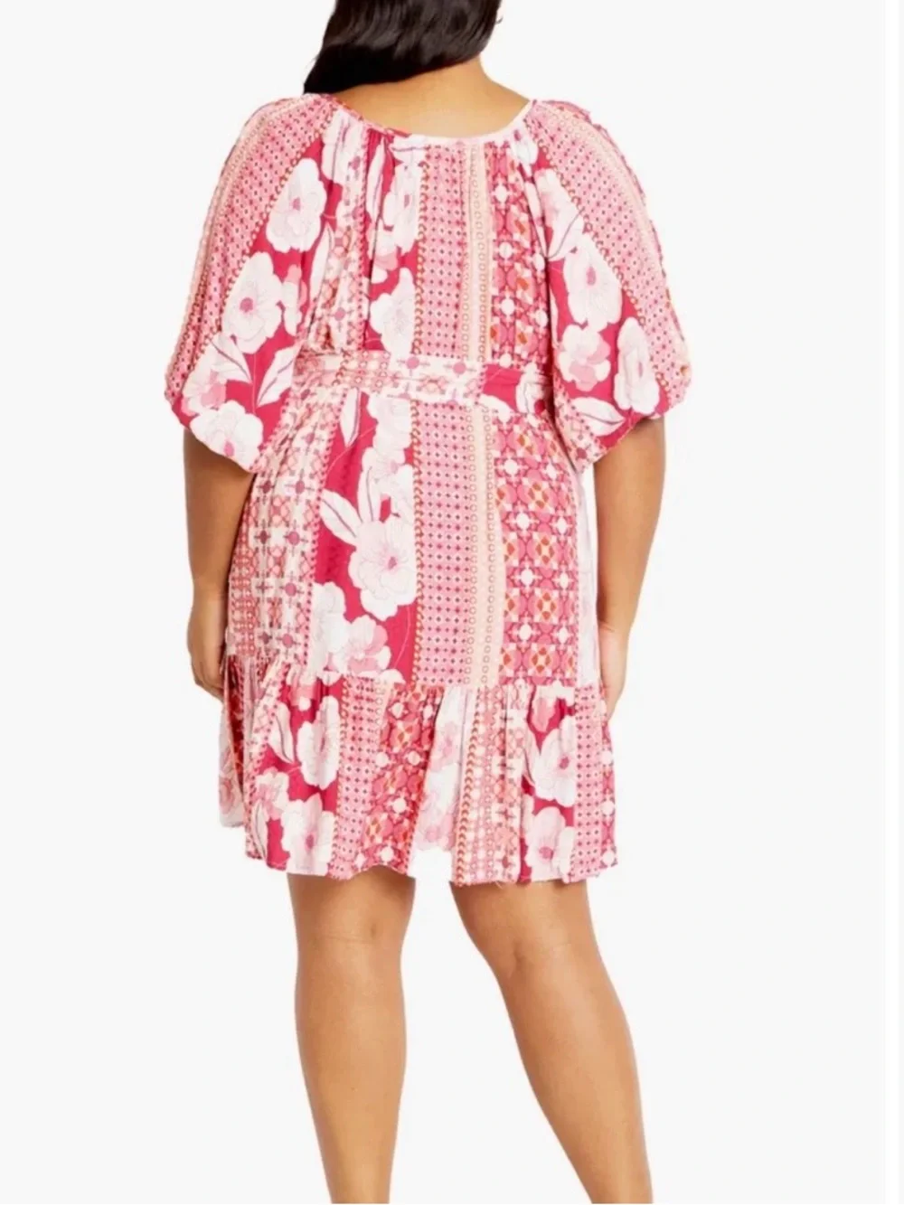 City Chic Patchwork Floral Viscose Cosmo Print Dress, Plus Size, Flowy Mini, New - Picture 5 of 13